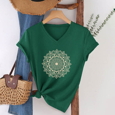 Olivenorma Mandala Lotus Boho Flower Yoga V-Neck T-Shirt - Dark Green - 2XL - image 7