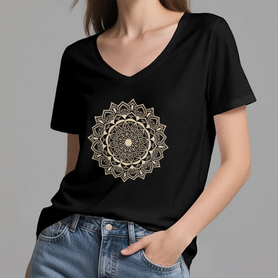 Olivenorma Mandala Lotus Boho Flower Yoga V-Neck T-Shirt - image 12