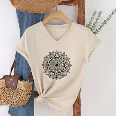 Olivenorma Mandala Lotus Boho Flower Yoga V-Neck T-Shirt - Khaki - 2XL - image 21