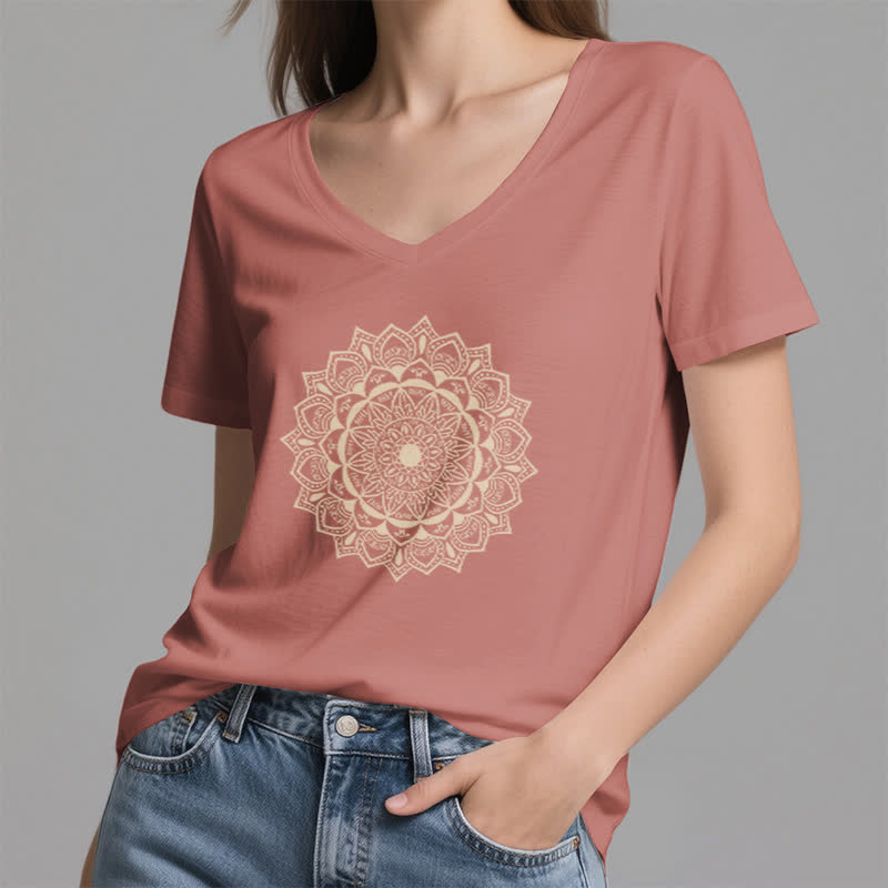 Olivenorma Mandala Lotus Boho Flower Yoga V-Neck T-Shirt - image 18