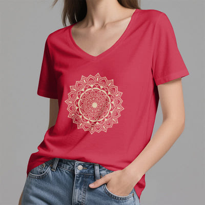 Olivenorma Mandala Lotus Boho Flower Yoga V-Neck T-Shirt - image 14
