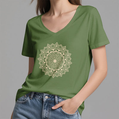 Olivenorma Mandala Lotus Boho Flower Yoga V-Neck T-Shirt - image 10