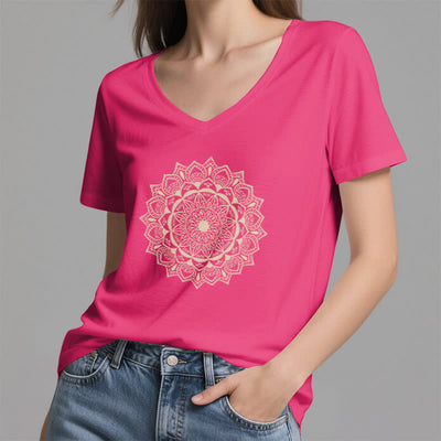 Olivenorma Mandala Lotus Boho Flower Yoga V-Neck T-Shirt - image 20