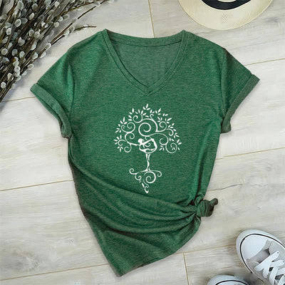 Olivenorma Yoga Tree Pose V-Neck T-Shirt - Dark Green - 2XL - image 4