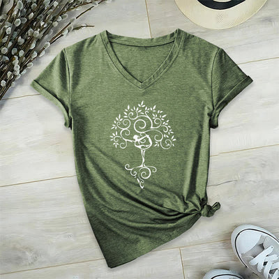 Olivenorma Yoga Tree Pose V-Neck T-Shirt - Olive Green - 2XL - image 5