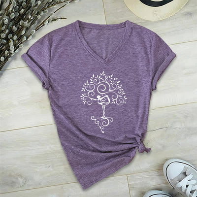 Olivenorma Yoga Tree Pose V-Neck T-Shirt - Purple - 2XL - image 1