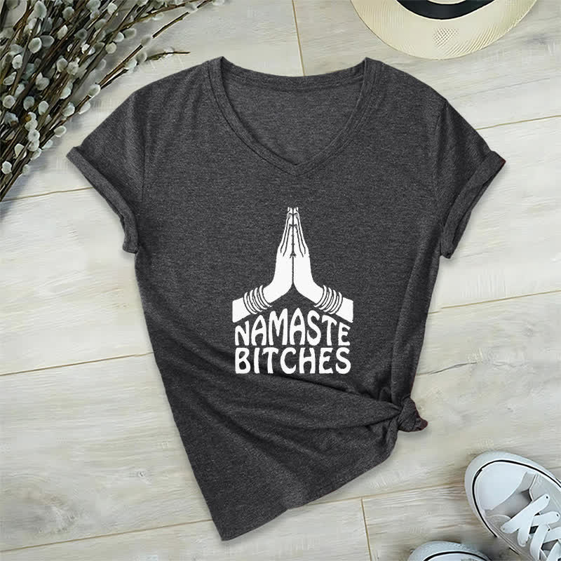 Olivenorma Funny Namaste Meditation Yoga V-Neck T-Shirt - Gray - 2XL - image 10