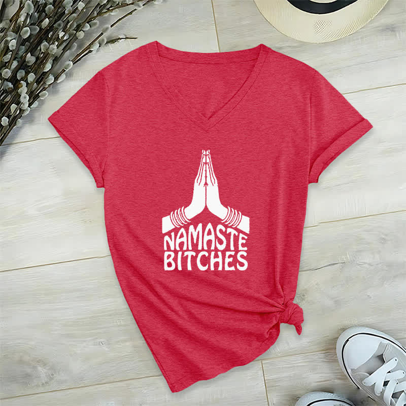 Olivenorma Funny Namaste Meditation Yoga V-Neck T-Shirt - Red - 2XL - image 14