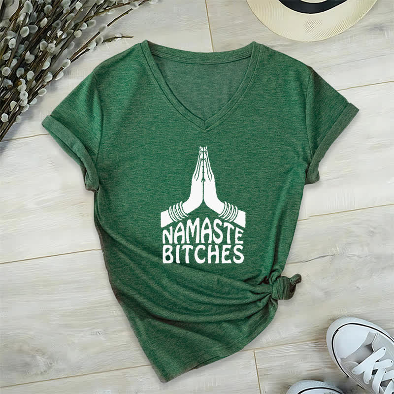 Olivenorma Funny Namaste Meditation Yoga V-Neck T-Shirt - Dark Green - 2XL - image 6