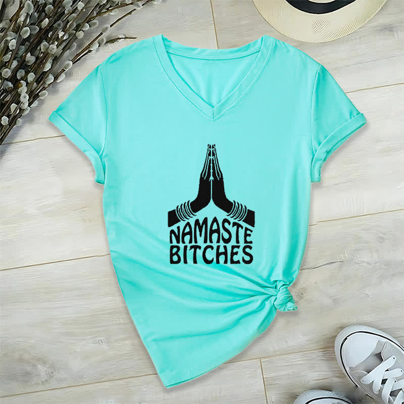 Olivenorma Funny Namaste Meditation Yoga V-Neck T-Shirt - Lake Blue - 2XL - image 24