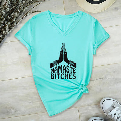 Olivenorma Funny Namaste Meditation Yoga V-Neck T-Shirt - Lake Blue - 2XL - image 24