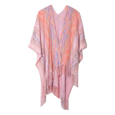 Olivenorma Ruffle Trimmed Poncho Tassels Cardigan Shawl - Pink - image 1