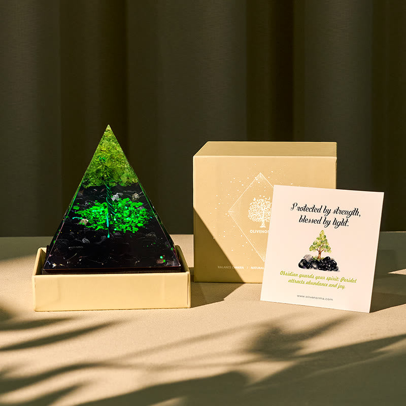 Olivenorma Guardian’s Prosperity Obsidian & Peridot Orgone Pyramid - 10cm*10cm (With Card) - YES PLEASE $8 - image 0