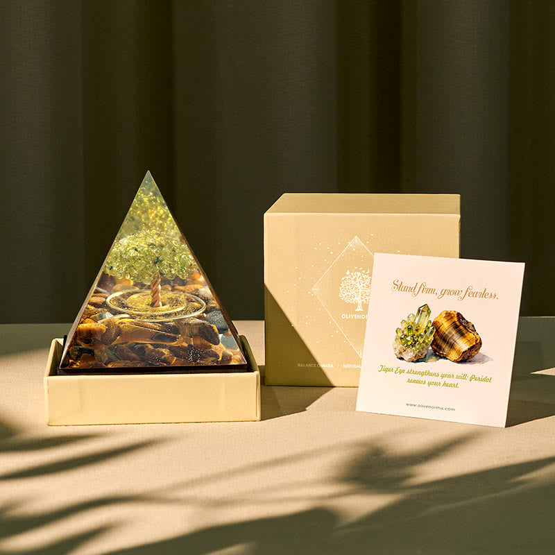 Olivenorma Roots of Courage Peridot & Tiger Eye Tree of Life Orgone Pyramid - 10*10cm (With Card) - YES PLEASE $8 - image 0