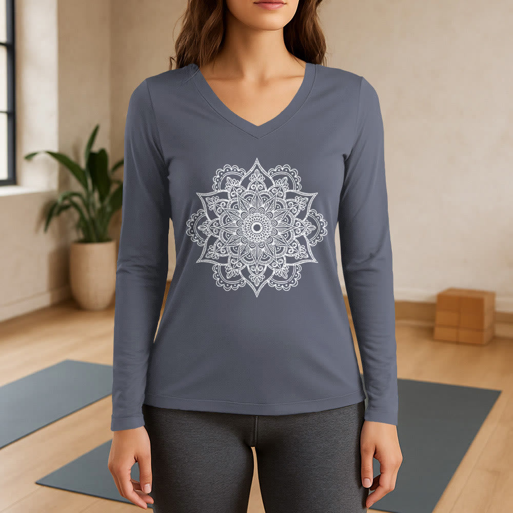 Olivenorma Colorful Lotus Elephant Printed Long Sleeve V-Neck T-Shirt - Gray - 3XL - image 16