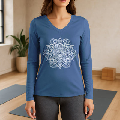Olivenorma Colorful Lotus Elephant Printed Long Sleeve V-Neck T-Shirt - Blue - 3XL - image 0