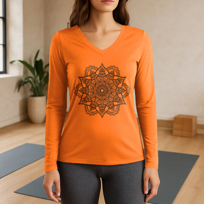 Olivenorma Colorful Lotus Elephant Printed Long Sleeve V-Neck T-Shirt - Orange - 3XL - image 15