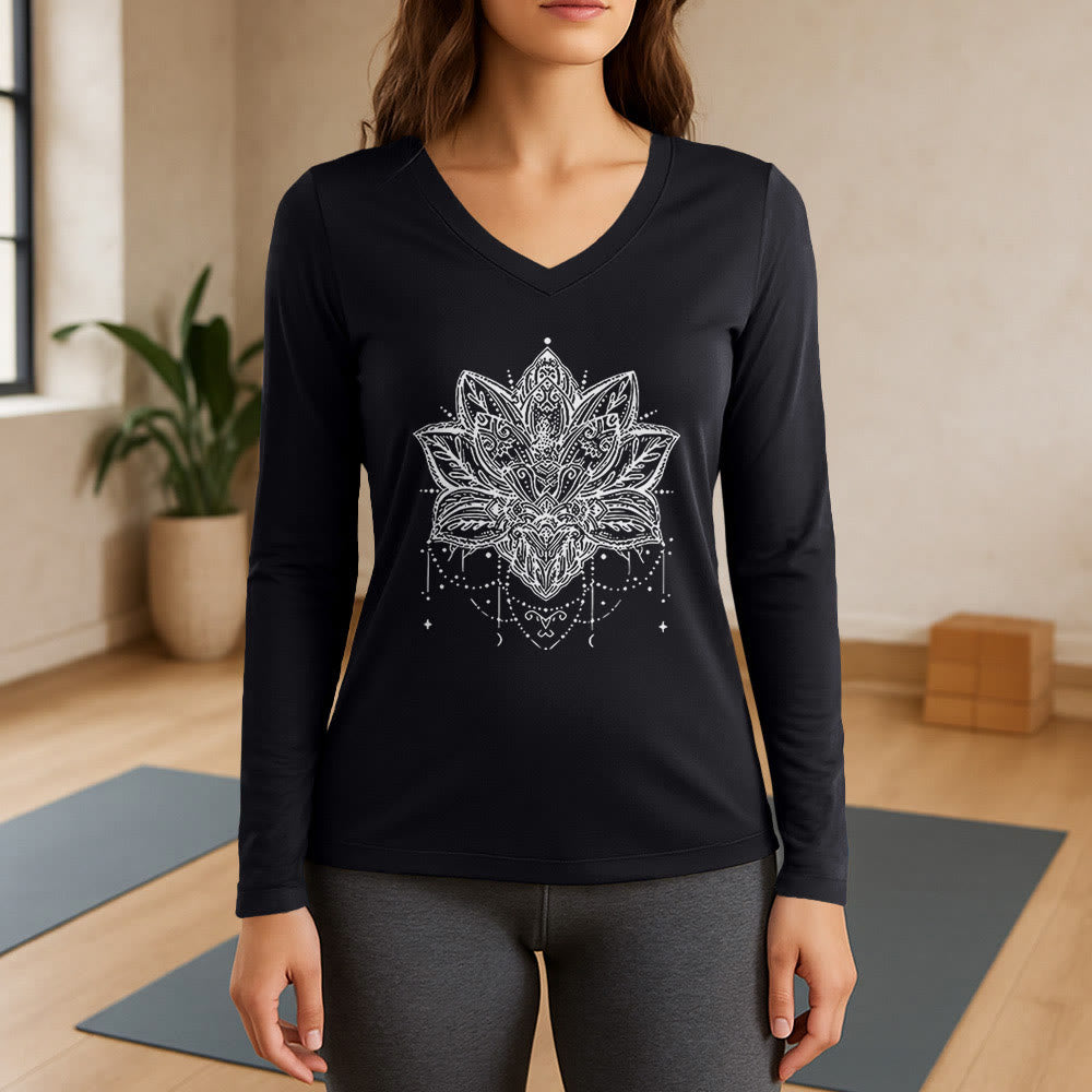 Olivenorma Lotus Printed Large Long Sleeve V-Neck T-Shirt - Black - 3XL - image 9