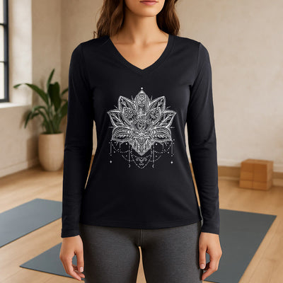 Olivenorma Lotus Printed Large Long Sleeve V-Neck T-Shirt - Black - 3XL - image 9