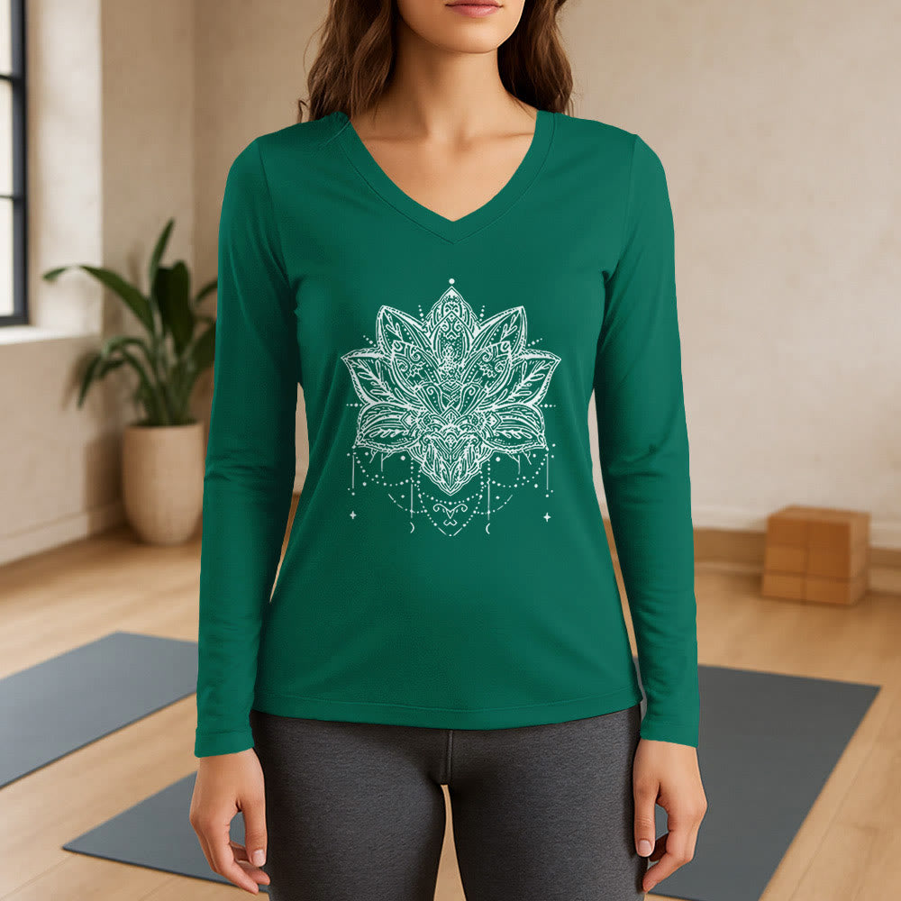 Olivenorma Lotus Printed Large Long Sleeve V-Neck T-Shirt - Green - 3XL - image 11