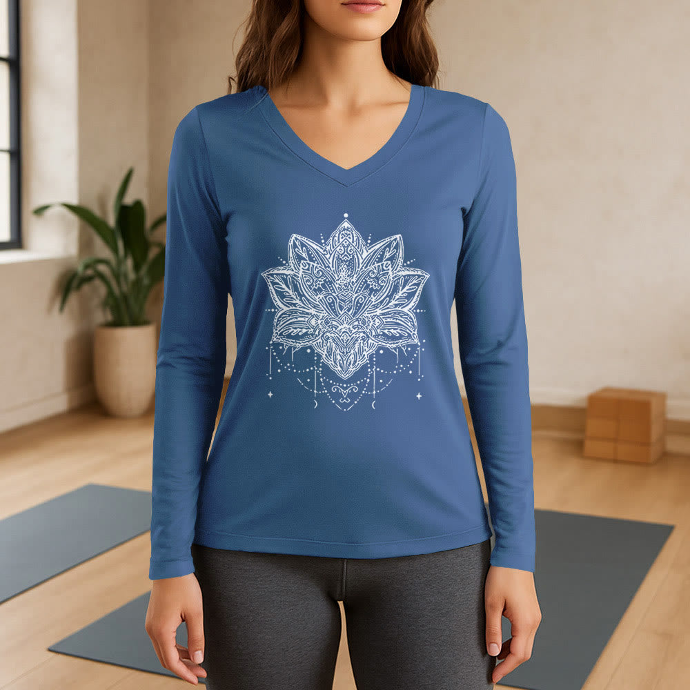 Olivenorma Lotus Printed Large Long Sleeve V-Neck T-Shirt - Blue - 3XL - image 12