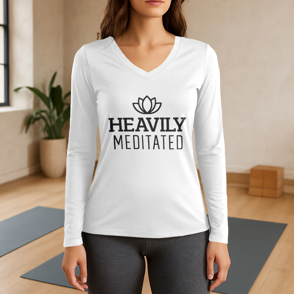 Olivenorma Heavily Meditated Lotus Long Sleeve V-Neck T-Shirt - White - 3XL - image 0