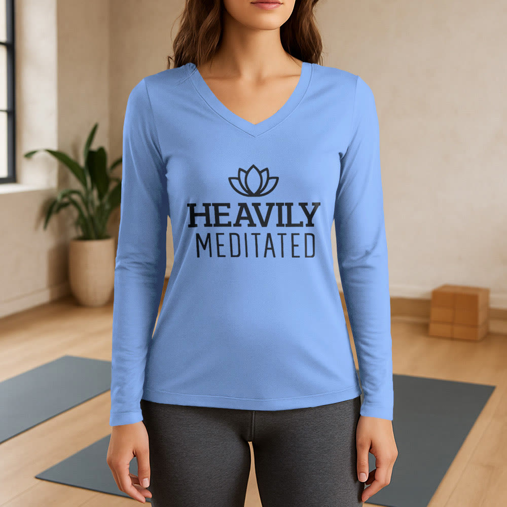 Olivenorma Heavily Meditated Lotus Long Sleeve V-Neck T-Shirt - Light Blue - 3XL - image 11