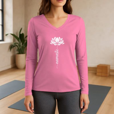 Olivenorma Namaste Lotus Yoga Long Sleeve V-Neck T-Shirt - Pink - 3XL - image 13