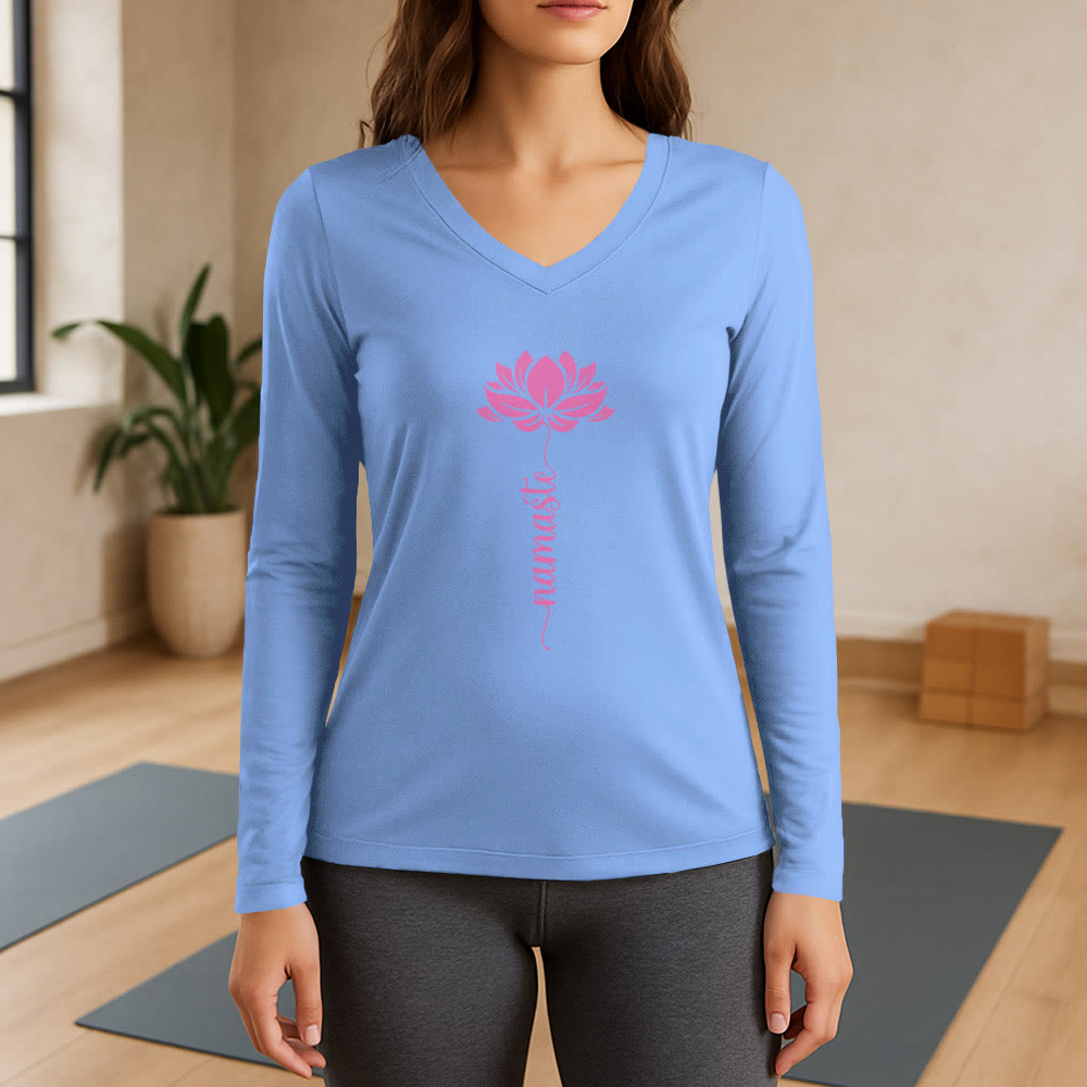 Olivenorma Namaste Lotus Yoga Long Sleeve V-Neck T-Shirt - Light Blue - 3XL - image 10