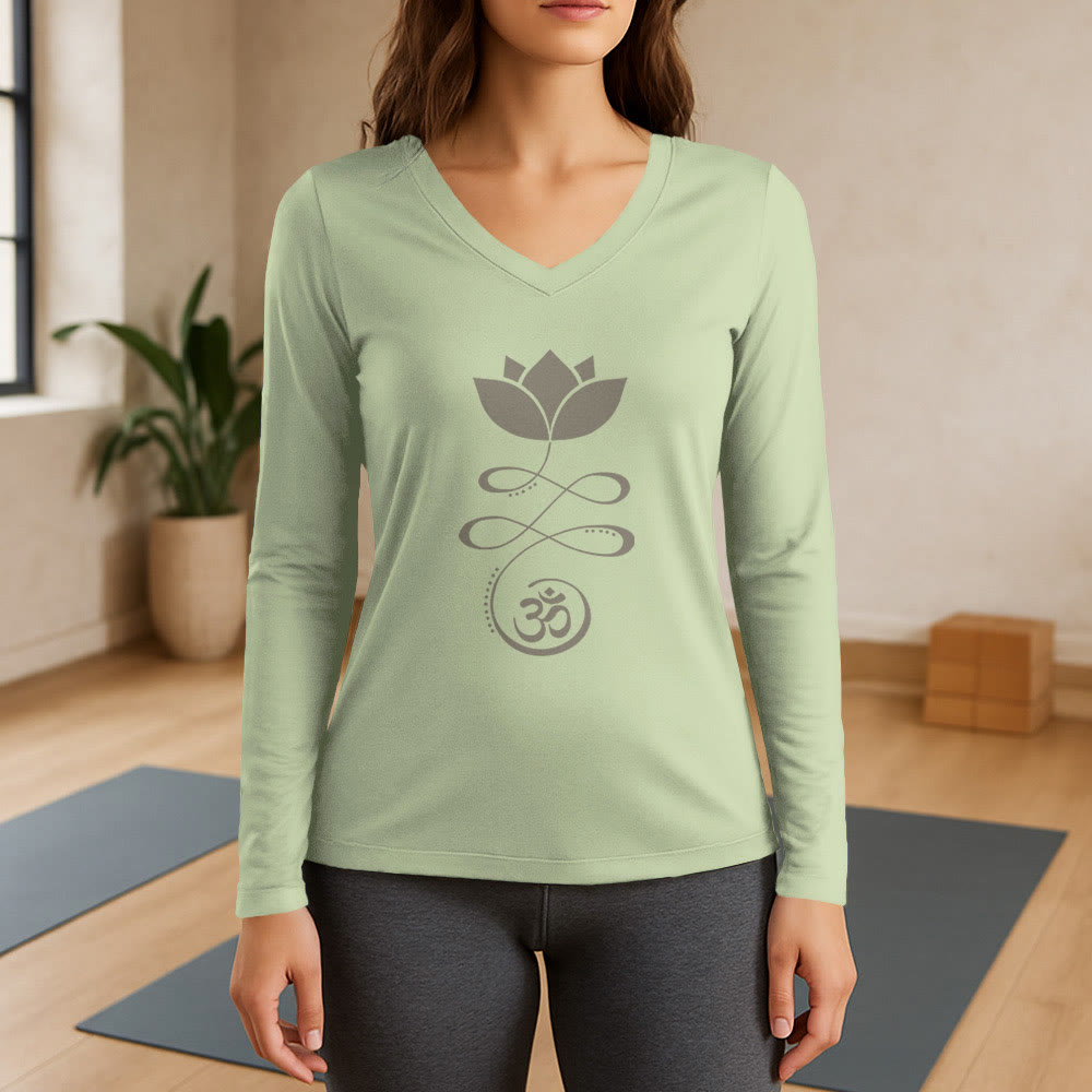 Olivenorma Yoga Lotus Flower Om Symbol Long Sleeve V-Neck T-Shirt - Light Green - 3XL - image 10