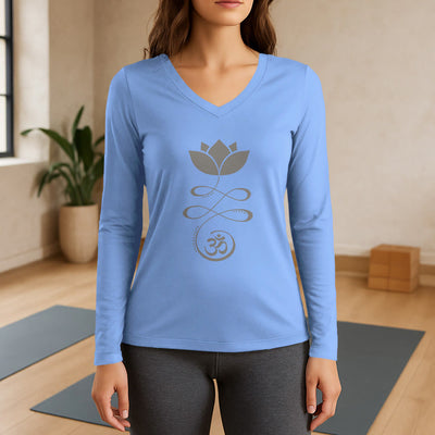 Olivenorma Yoga Lotus Flower Om Symbol Long Sleeve V-Neck T-Shirt - Light Blue - 3XL - image 11