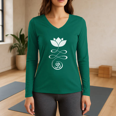 Olivenorma Yoga Lotus Flower Om Symbol Long Sleeve V-Neck T-Shirt - Green - 3XL - image 12