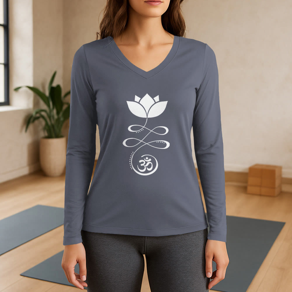 Olivenorma Yoga Lotus Flower Om Symbol Long Sleeve V-Neck T-Shirt - Gray - 3XL - image 16