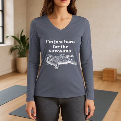 Olivenorma I'm Just Here for Savasana Long Sleeve V-Neck T-Shirt - Gray - 3XL - image 16
