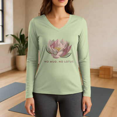 Olivenorma "NO MUD, NO LOTUS" Yoga Tee Long Sleeve V-Neck T-Shirt - Light Green - 3XL - image 9