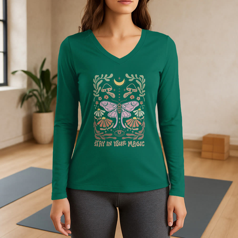 Olivenorma Luna Moth Long Sleeve V-Neck T-Shirt - Green - 3XL - image 11