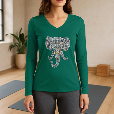 Olivenorma Women's Nature and Animal Elephant Long Sleeve V-Neck T-Shirt - Green - 3XL - image 0