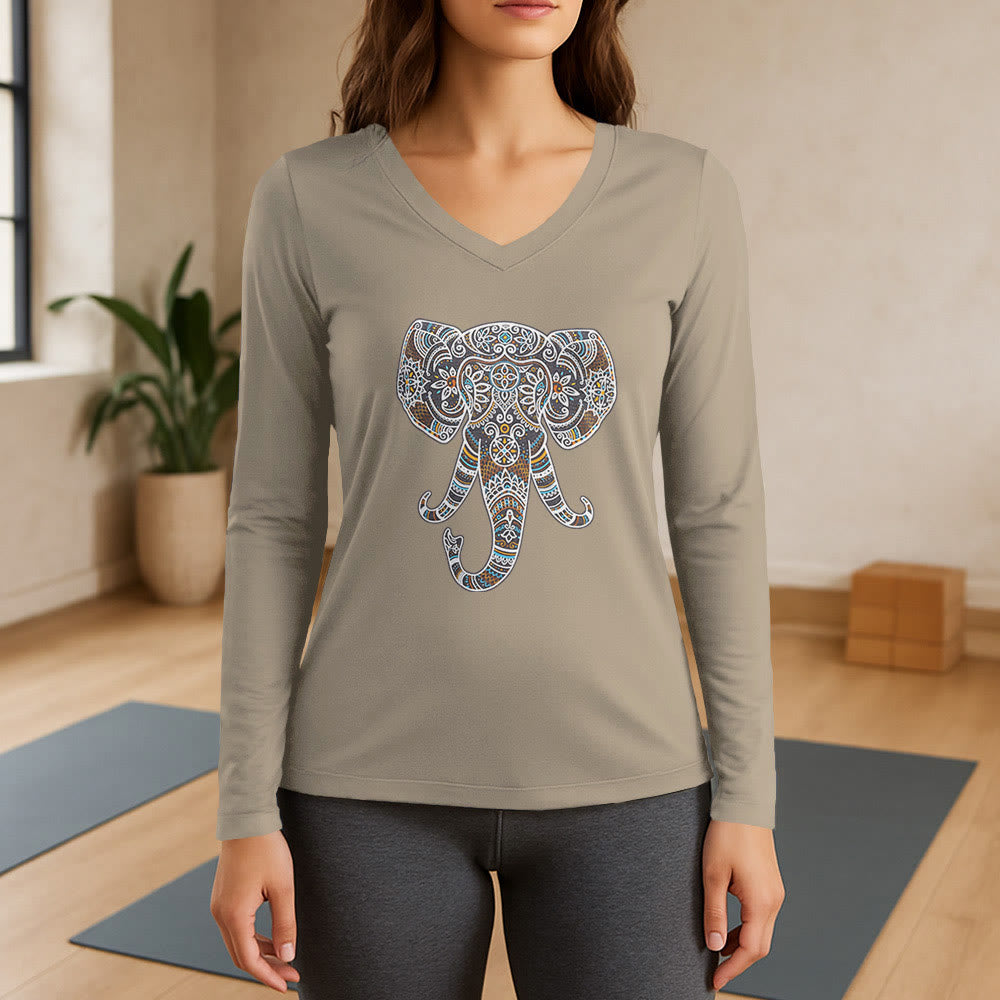 Olivenorma Women's Nature and Animal Elephant Long Sleeve V-Neck T-Shirt - Khaki - 3XL - image 17