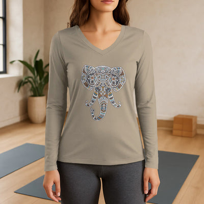 Olivenorma Women's Nature and Animal Elephant Long Sleeve V-Neck T-Shirt - Khaki - 3XL - image 17