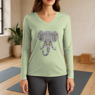 Olivenorma Women's Nature and Animal Elephant Long Sleeve V-Neck T-Shirt - Light Green - 3XL - image 10
