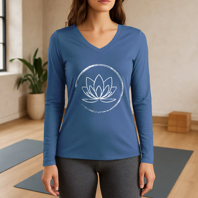 Olivenorma Boho Lotus Flower Long Sleeve V-Neck T-Shirt - Blue - 3XL - image 12