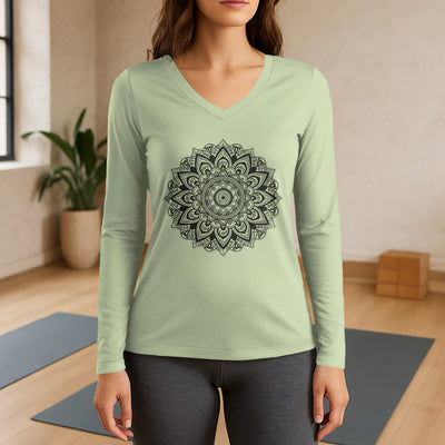Olivenorma Lotus Flower Geometric Pattern Yoga Long Sleeve V-Neck T-Shirt - Light Green - 3XL - image 0