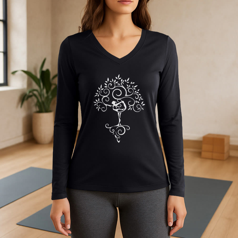Olivenorma Yoga Tree Pose Long Sleeve V-Neck T-Shirt - Black - 3XL - image 11