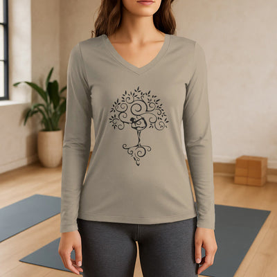 Olivenorma Yoga Tree Pose Long Sleeve V-Neck T-Shirt - Khaki - 3XL - image 18