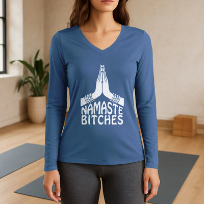 Olivenorma Funny Namaste Meditation Yoga Long Sleeve V-Neck T-Shirt - Blue - 3XL - image 12
