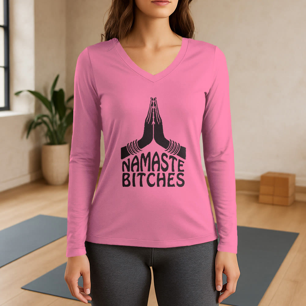 Olivenorma Funny Namaste Meditation Yoga Long Sleeve V-Neck T-Shirt - Pink - 3XL - image 13