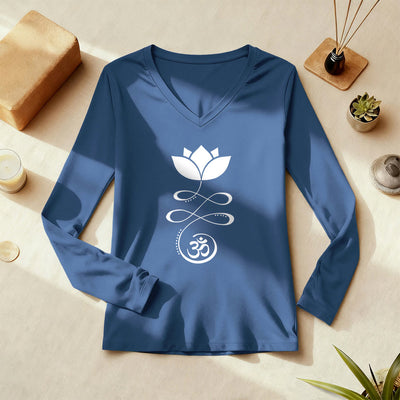 Olivenorma Yoga Lotus Flower Om Symbol Long Sleeve V-Neck T-Shirt - image 1