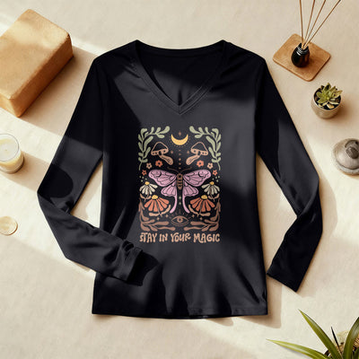 Olivenorma Luna Moth Long Sleeve V-Neck T-Shirt - image 1