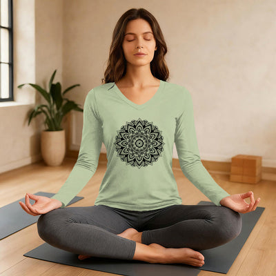 Olivenorma Lotus Flower Geometric Pattern Yoga Long Sleeve V-Neck T-Shirt - image 3
