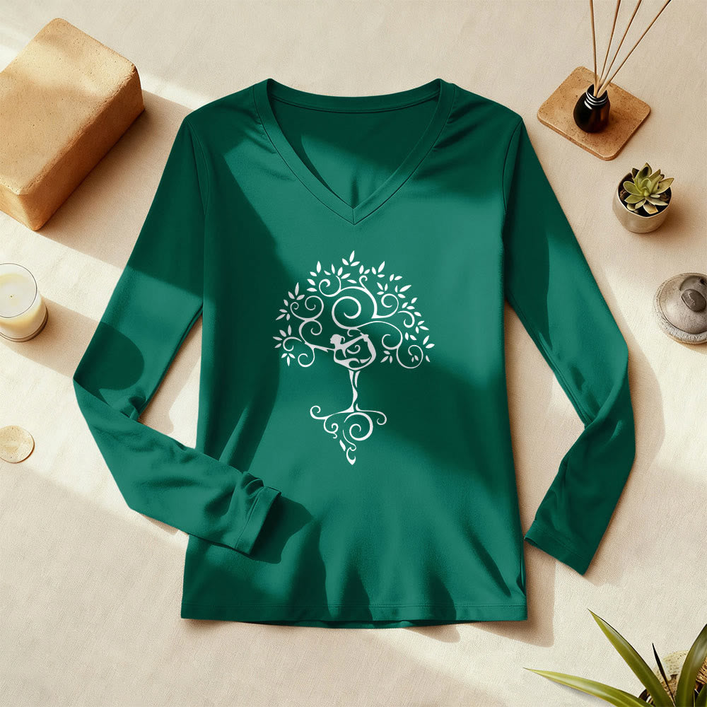 Olivenorma Yoga Tree Pose Long Sleeve V-Neck T-Shirt - image 3